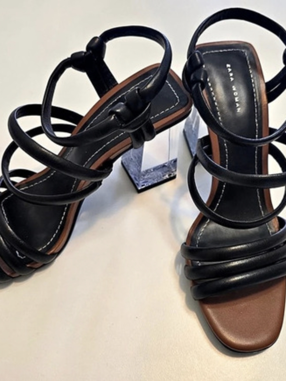 Zara Black Leather Strappy Sandals Clear Block Heel 38